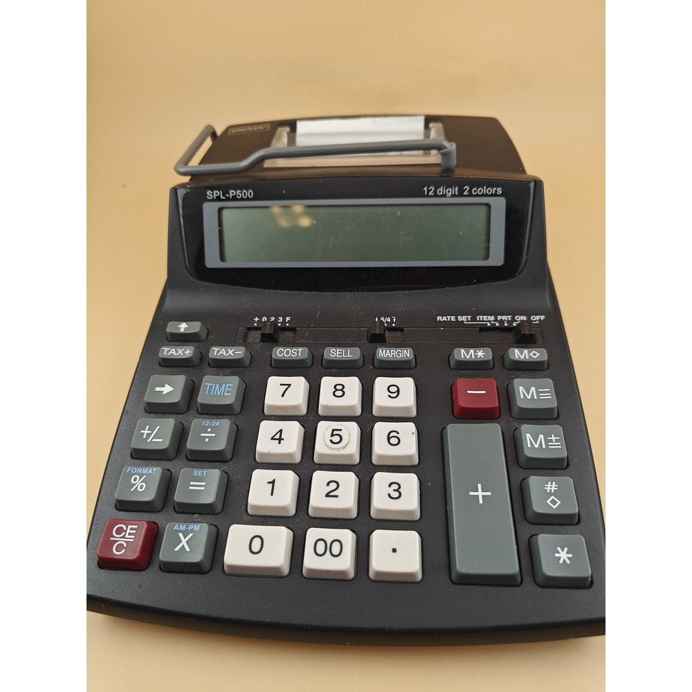 Staples SPL-P500 Printing Calculator 12 Digit 2 Color Cord Battery Used